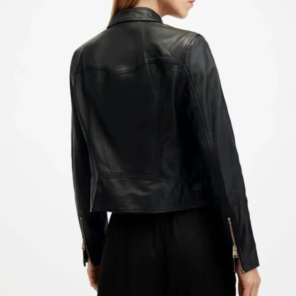 ALLSAINTS Vela Lamb Leather Black Biker Jacket Size 0